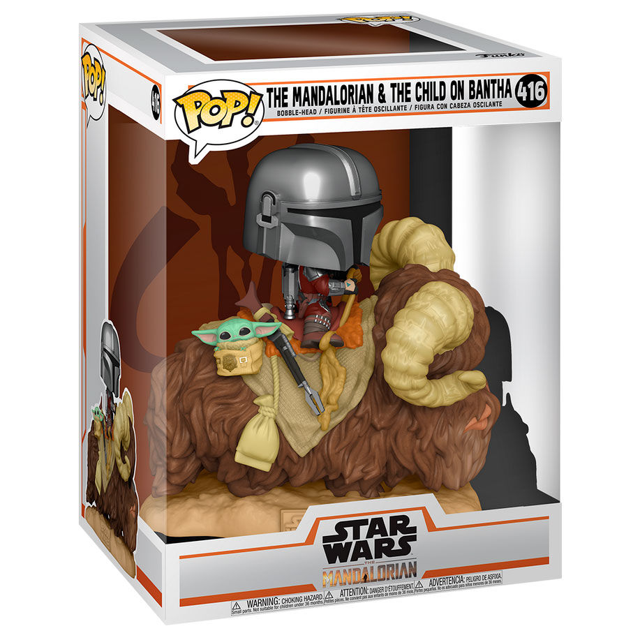 Figurine Funko POP! Star Wars The Mandalorian Mando on Bantha with Child in Bag, vue 3