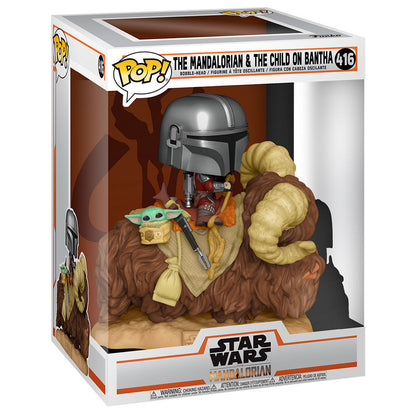 Figurine Funko POP! Star Wars The Mandalorian Mando on Bantha with Child in Bag, vue 3